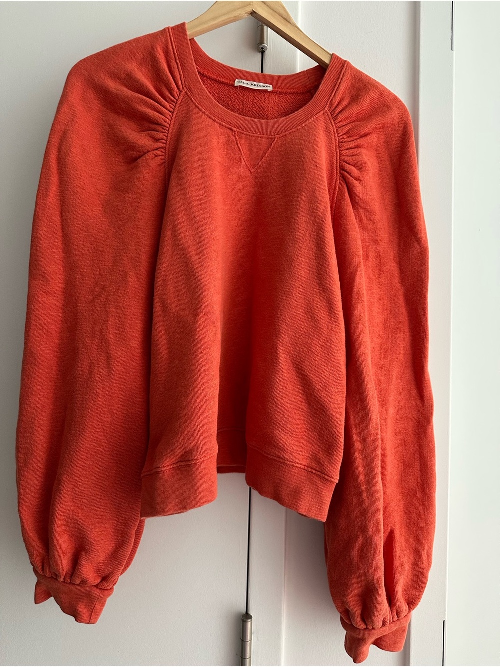 Ulla Johnson Puff-Sleeve Crewneck Sweatshirt — Coral Orange